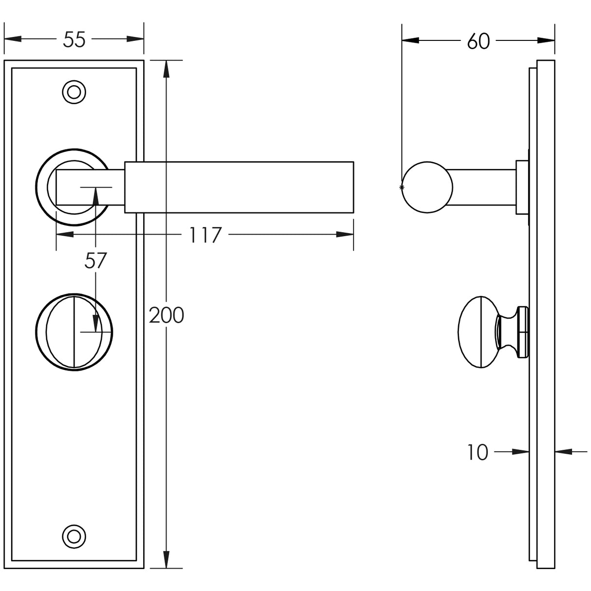 Technical drawing of of Burlington - Westminster Door Handle Bathroom Backplate Dark Bronze & Turn & Release Sku. BUR-30DB-453DB-80DB
