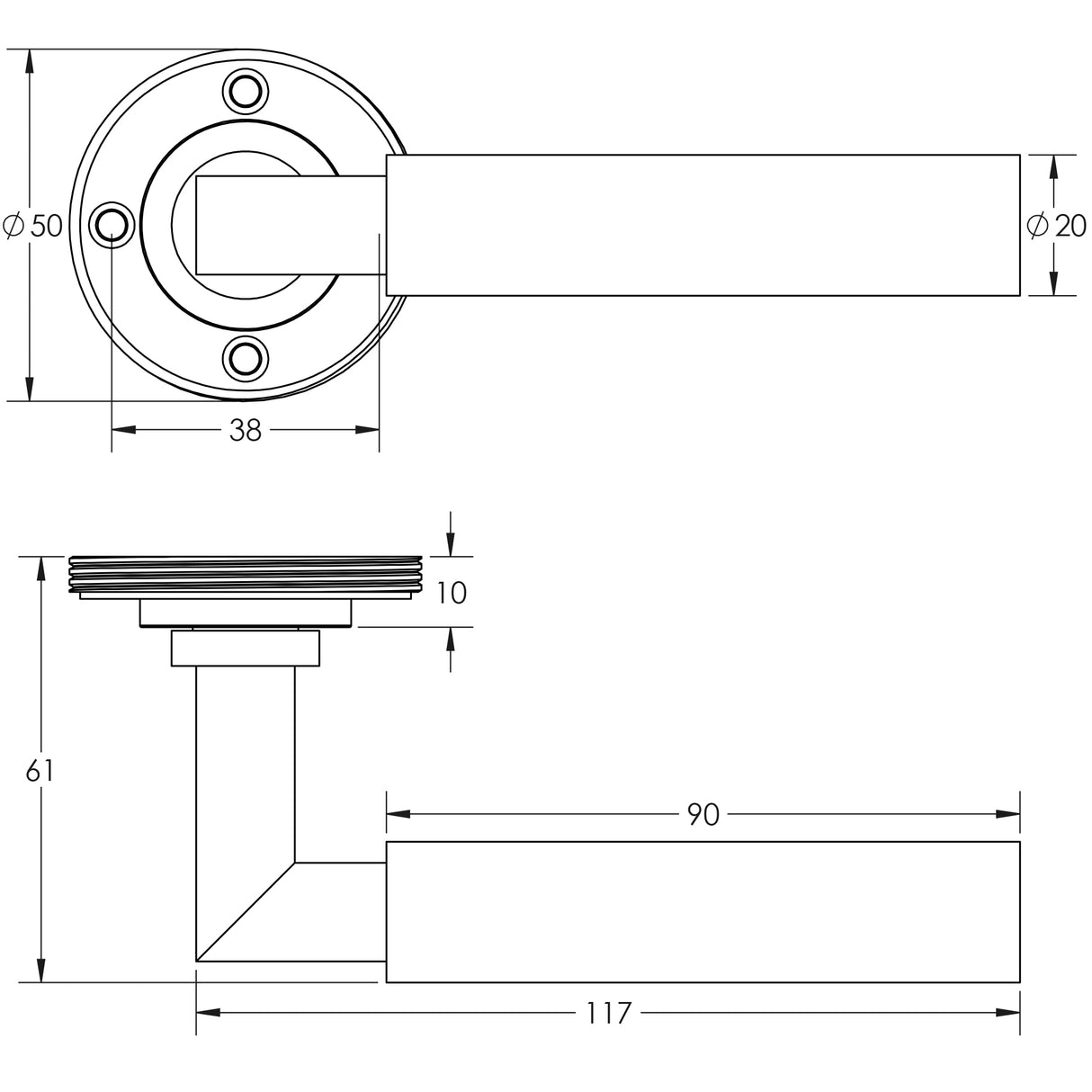 Technical drawing of of Burlington - Westminster Door Handles No Rose Dark Bronze Sku. BUR30DB