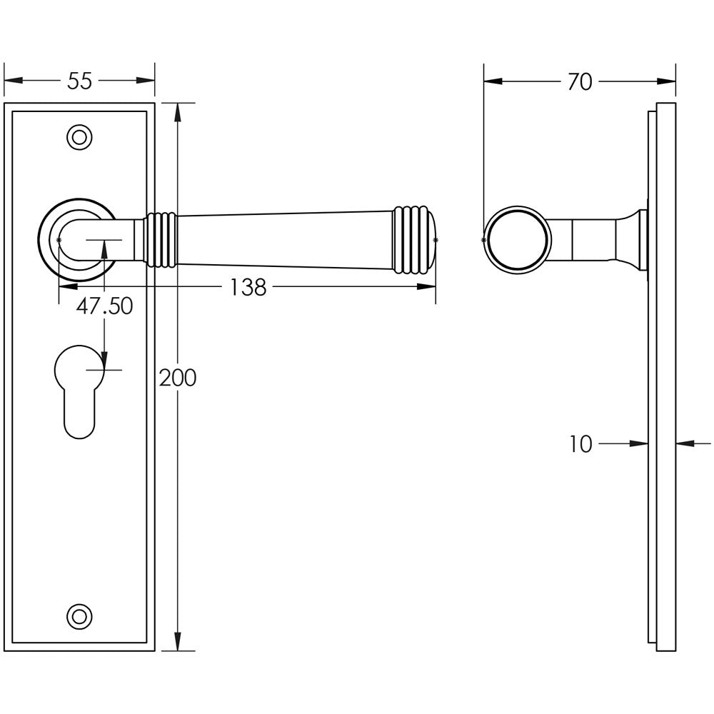 Technical drawing of of Burlington - Highgate Door Handle Euro Backplate Satin Brass Sku. BUR35KIT245