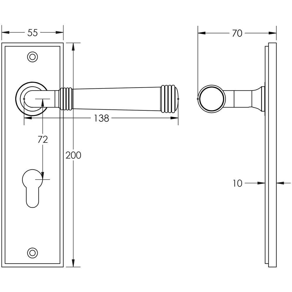 Technical drawing of of Burlington - Highgate Door Handle Din Euro Backplate Satin Nickel Sku. BUR35KIT324