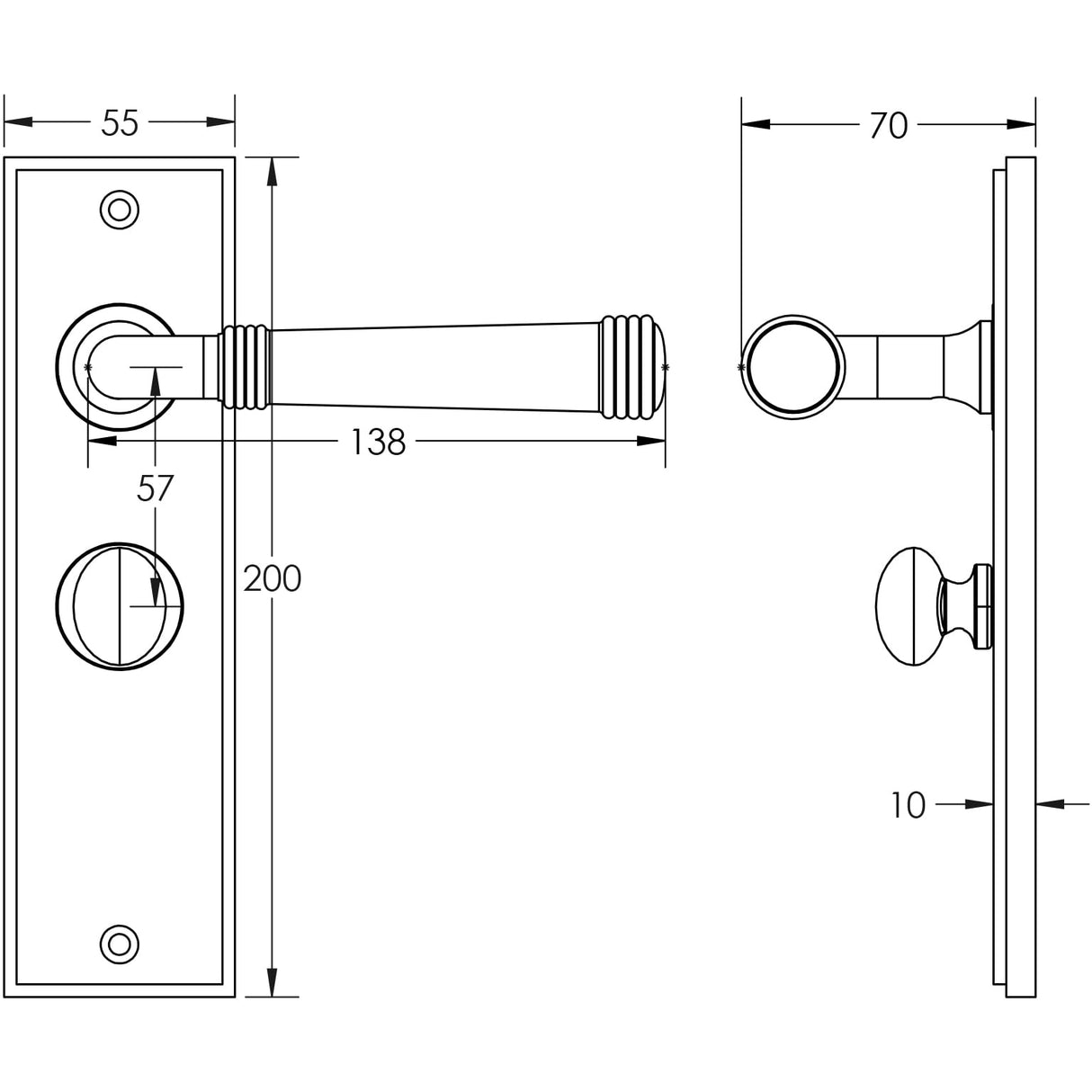 Technical drawing of of Burlington - Highgate Door Handle Bathroom Backplate Satin Nickel & Turn & Release Sku. BUR-35SN-453SN-80SN