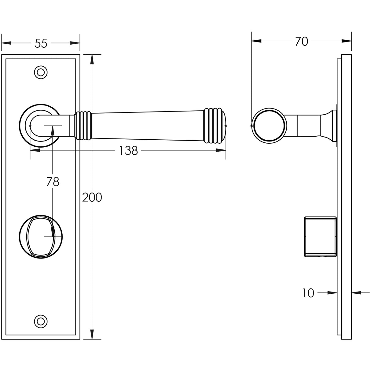 Technical drawing of of Burlington - Highgate Door Handle Din Bathroom Backplate Satin Brass & Turn & Release Sku. BUR-35SB-456SB-81SB