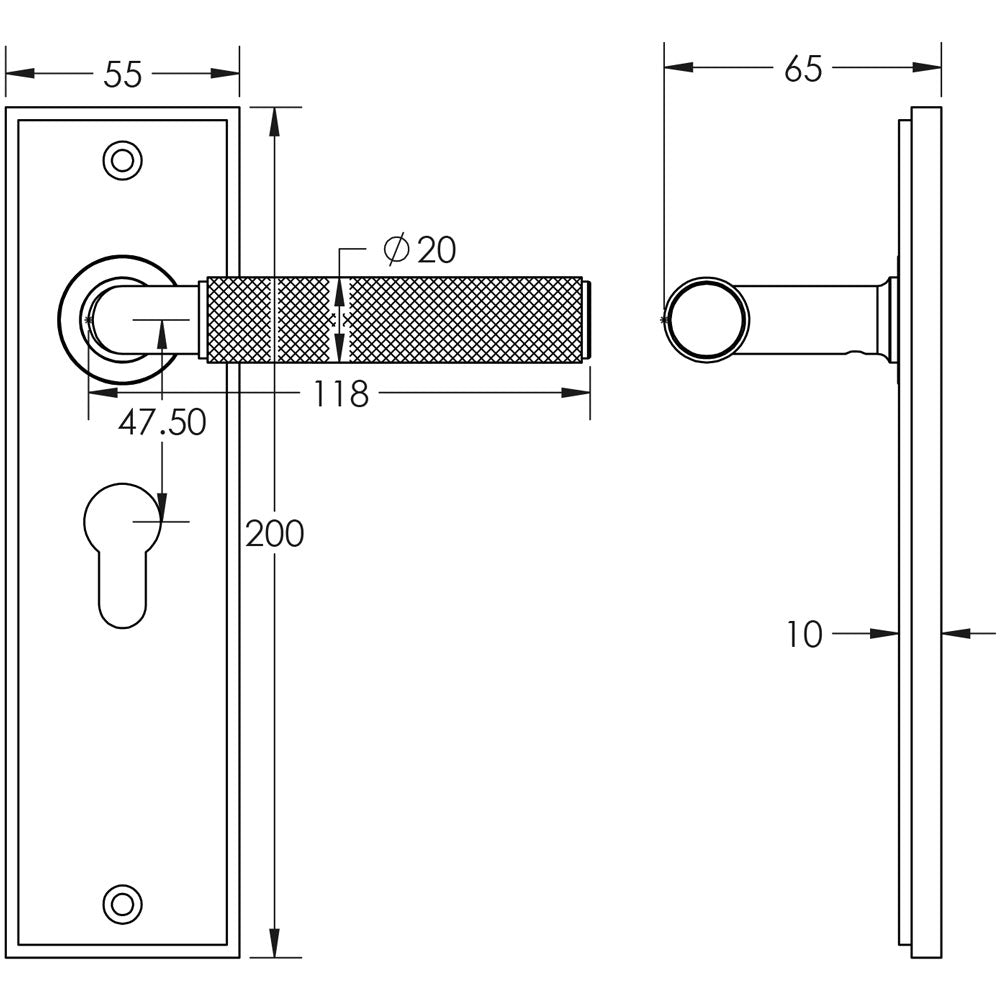 Technical drawing of of Burlington - Piccadilly Door Handle Euro Backplate Dark Bronze Sku. BUR40KIT89