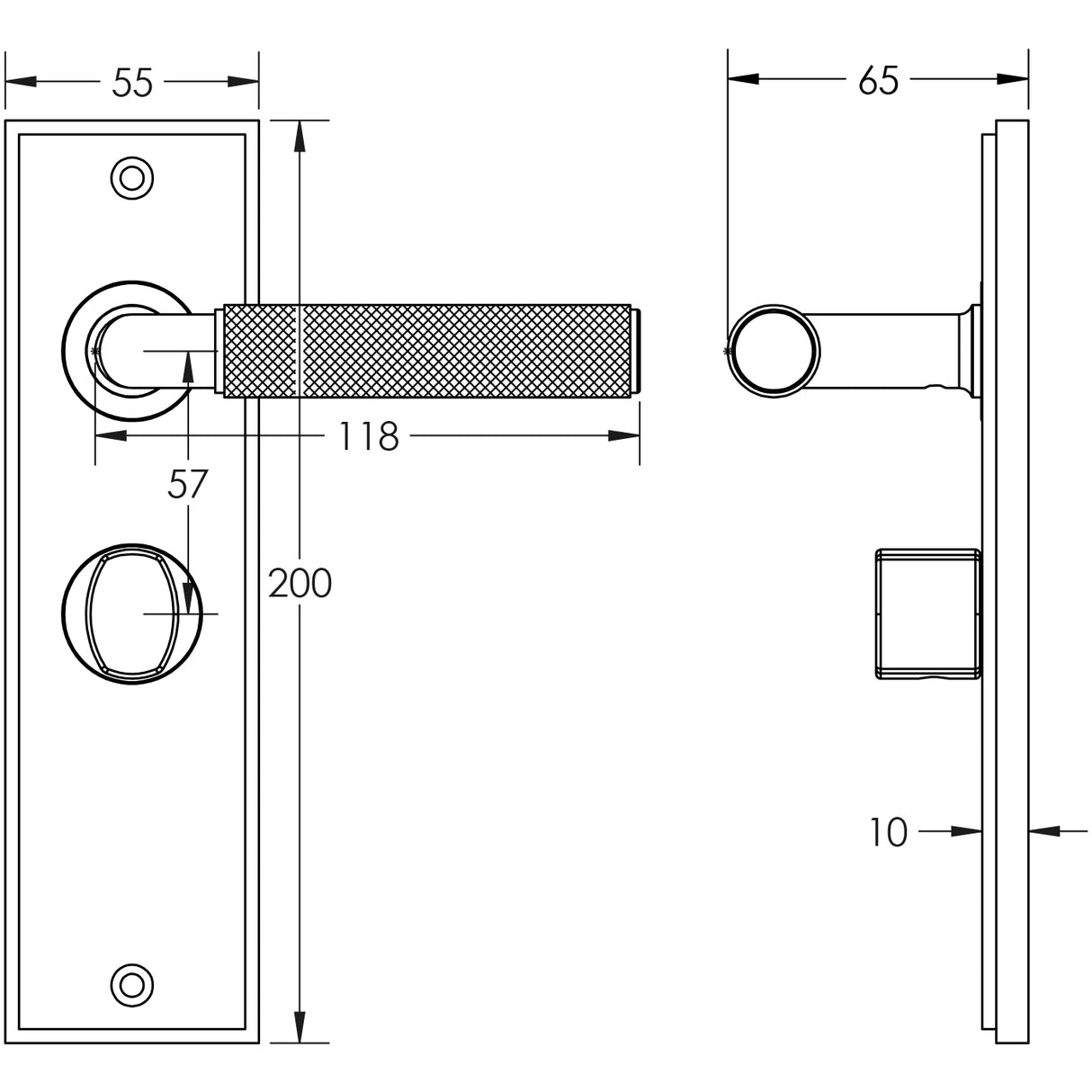 Technical drawing of of Burlington - Piccadilly Door Handle Bathroom Backplate Polished Nickel & Turn & Release Sku. BUR-40PN-453PN-81PN
