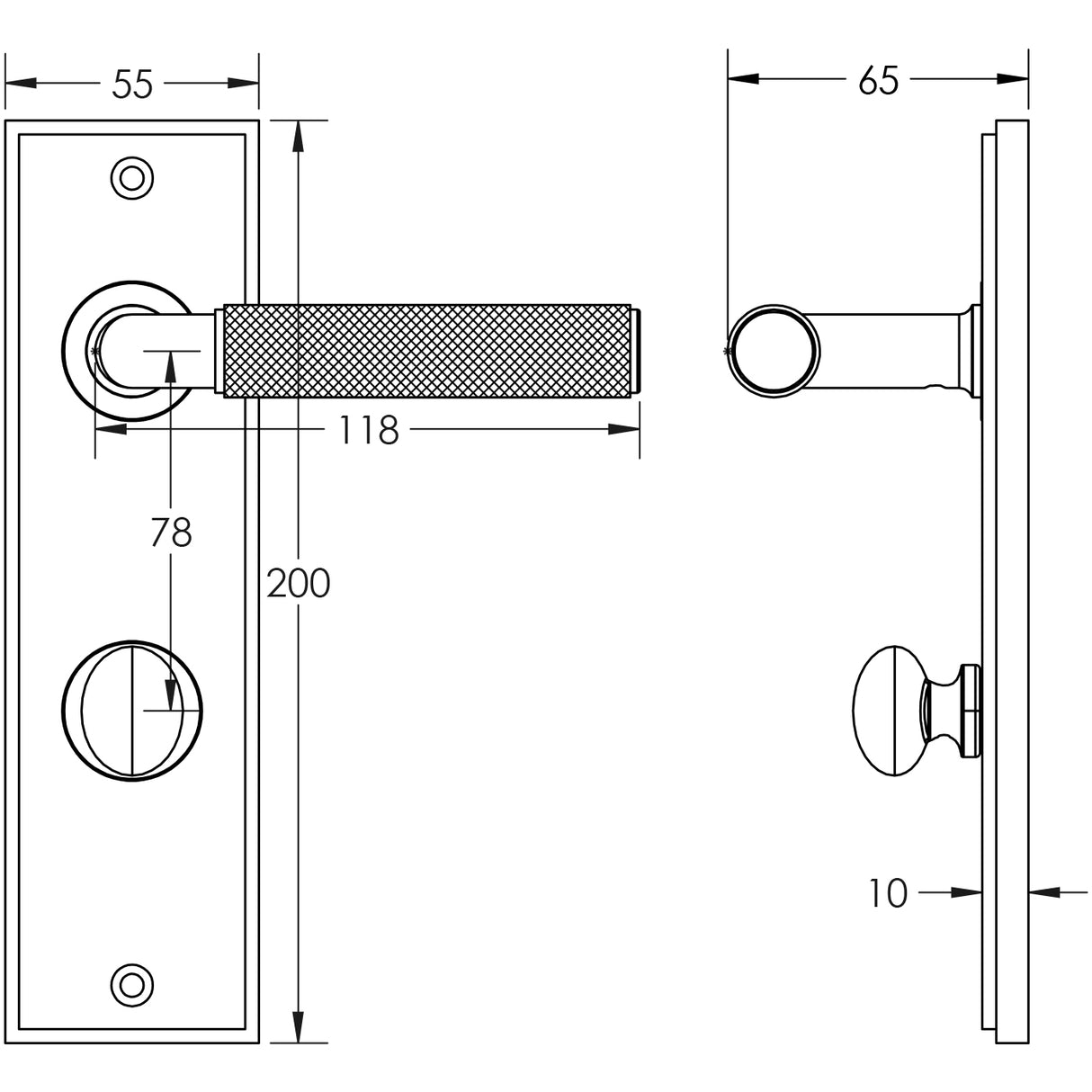 Technical drawing of of Burlington - Piccadilly Door Handle Bathroom Din Backplate Polished Nickel & Turn & Release Sku. BUR-40PN-456PN-80PN