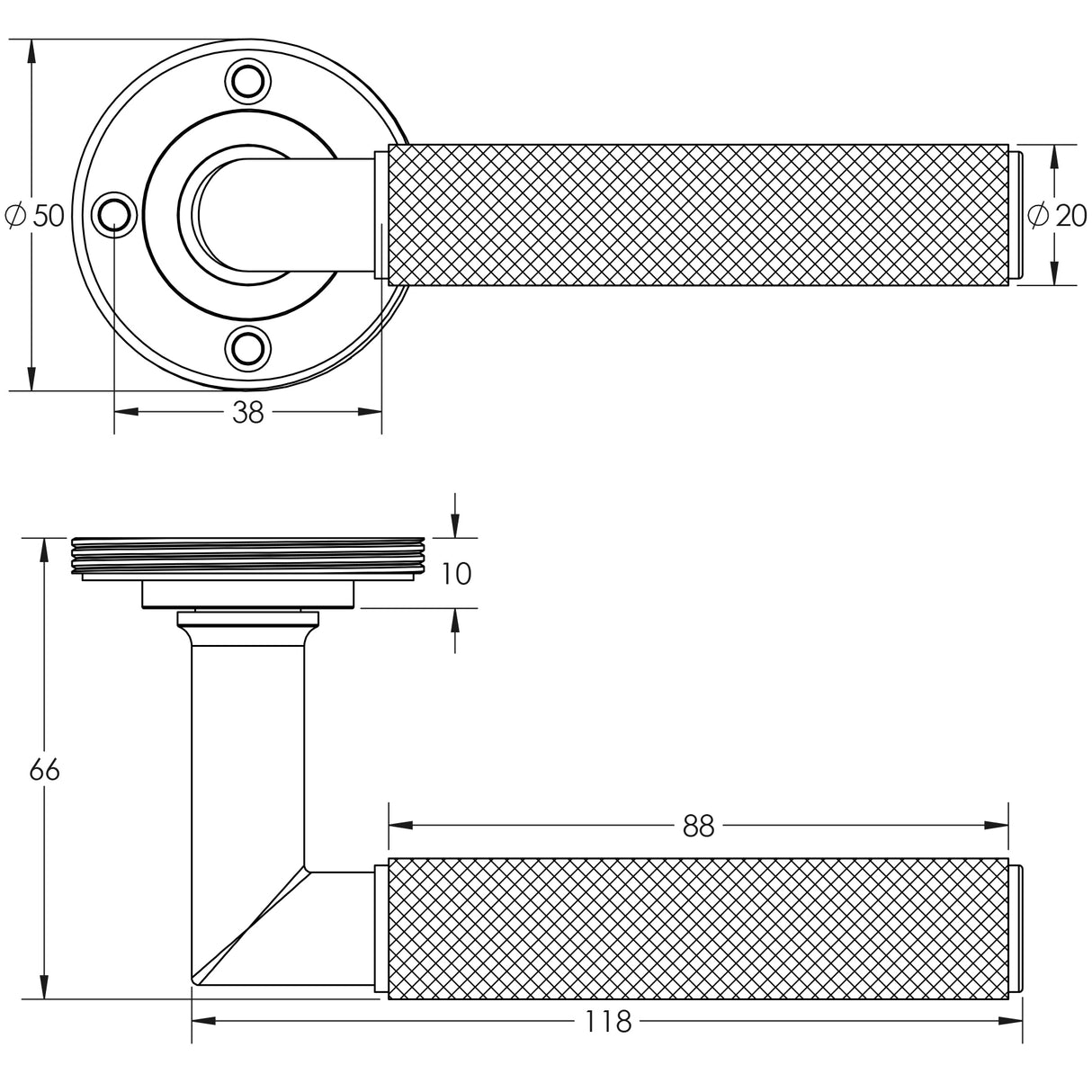 Technical drawing of of Burlington - Piccadilly Door Handle Black - Roses Sold Separately Sku. BUR40MB