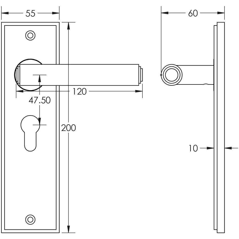 Technical drawing of of Burlington - Richmond Door Handle Euro Backplate Dark Bronze Sku. BUR45KIT89