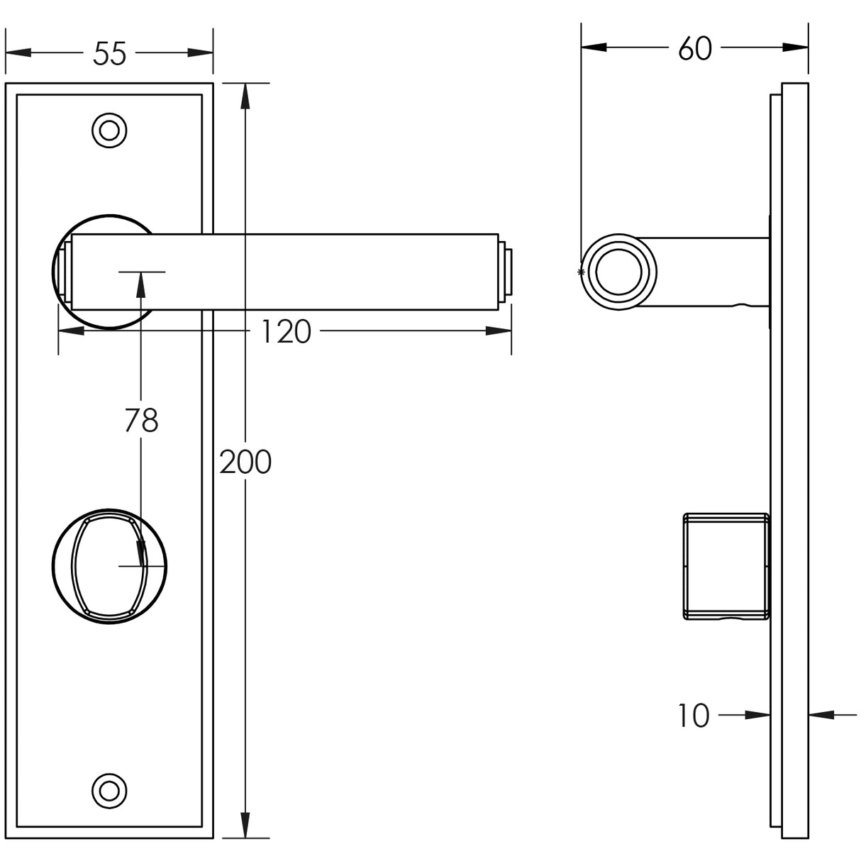 Technical drawing of of Burlington - Richmond Door Handle Din Bathroom Backplate Satin Brass & Turn & Release Sku. BUR-45SB-456SB-81SB