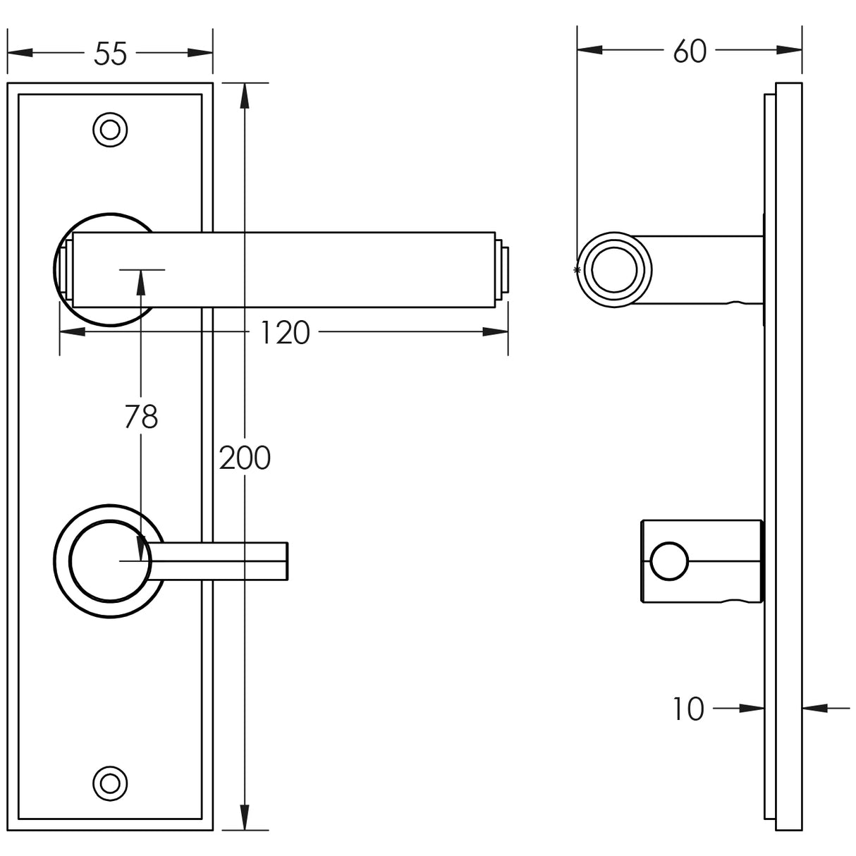 Technical drawing of of Burlington - Richmond Door Handle Din Bathroom Backplate Antique Brass & Turn & Release Sku. BUR-45AB-456AB-82AB