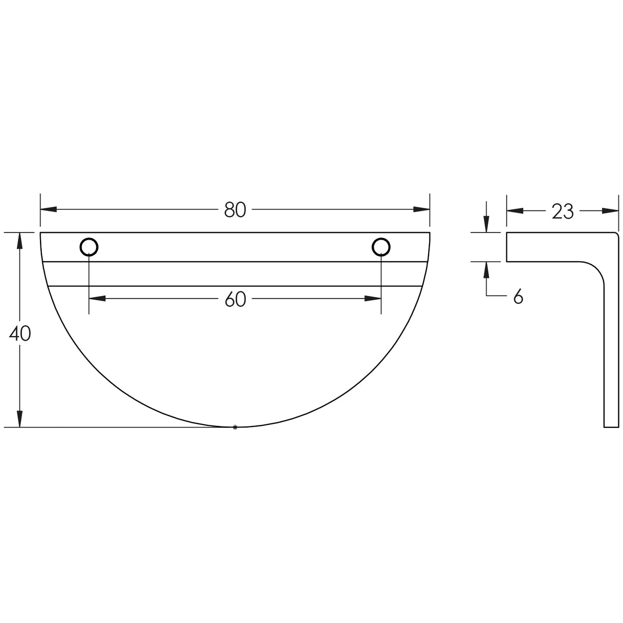 Technical drawing of of Burlington - 80mm Dark Bronze Half Moon Cabinet Handle Sku. BUR610DB