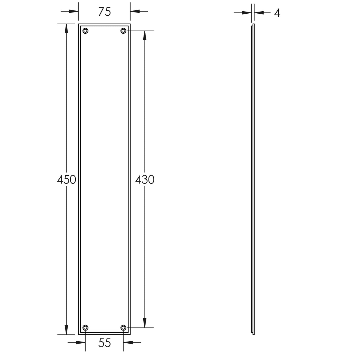 Technical drawing of of Burlington - Finger Plate 450 X 75mm Polished Nickel Sku. BUR778PN