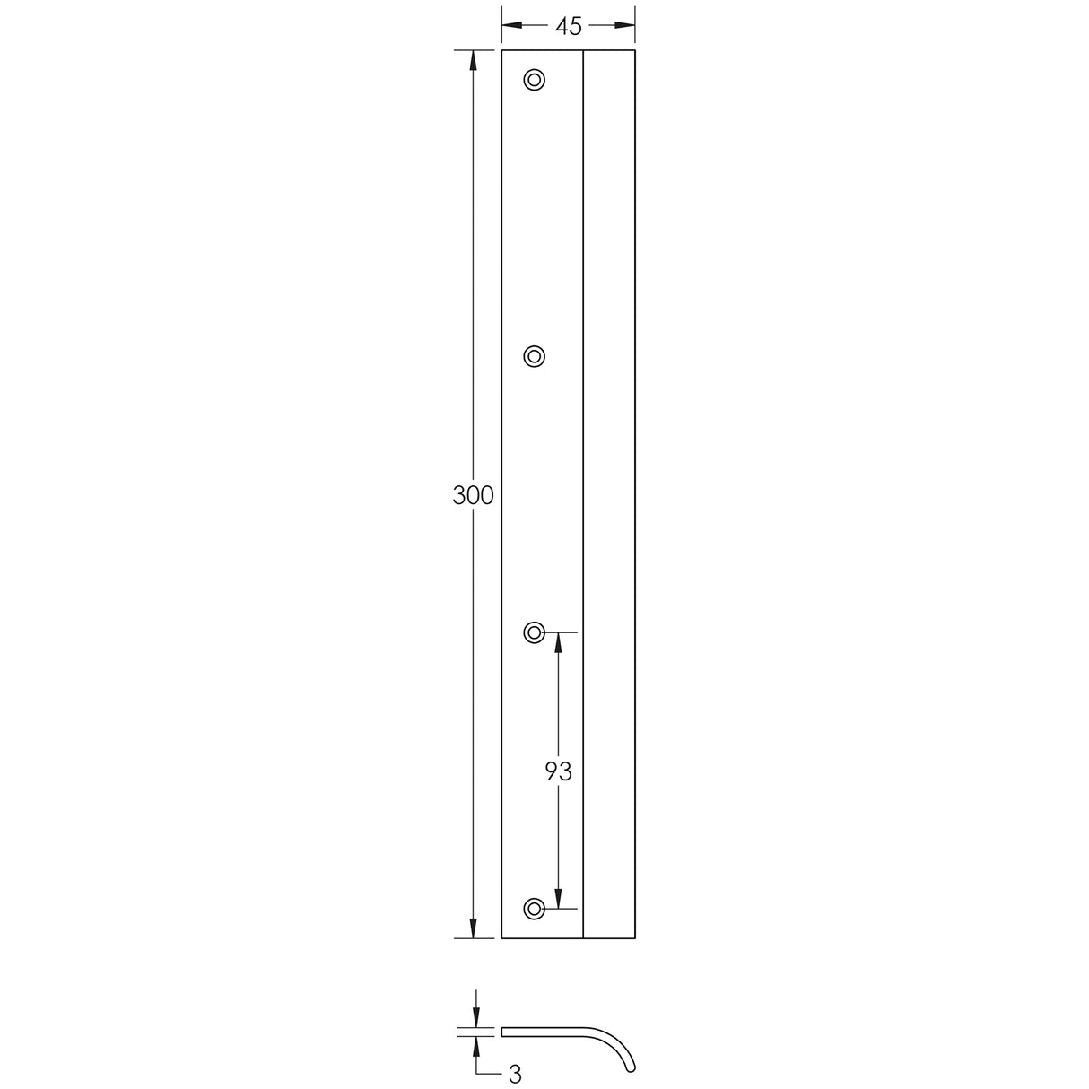 Technical drawing of of Burlington - 300mm Satin Nickel Curved Edge Pull Sku. BUR922SN
