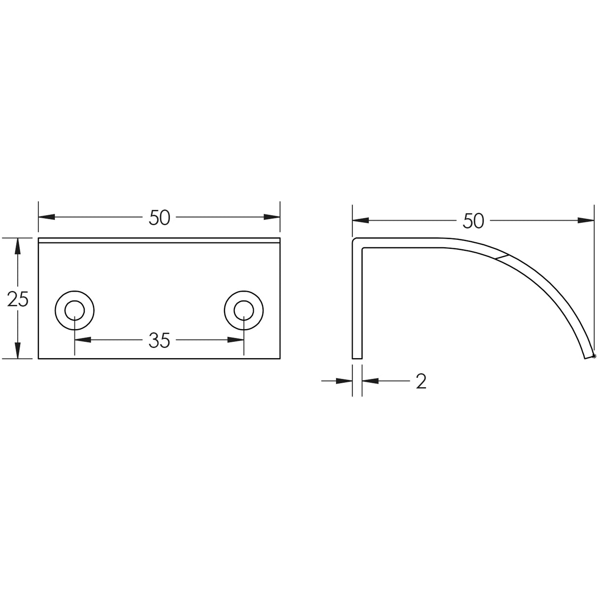 Technical drawing of of Burlington - 50mm Antique Brass Arched Edge Pull Sku. BUR940AB