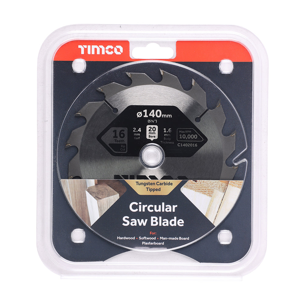This is an image of Timco - Circular Saw Blade - General Purpose - Coarse/Medium 140 x 20 x 16T (1 Each Clamshell) C1402016