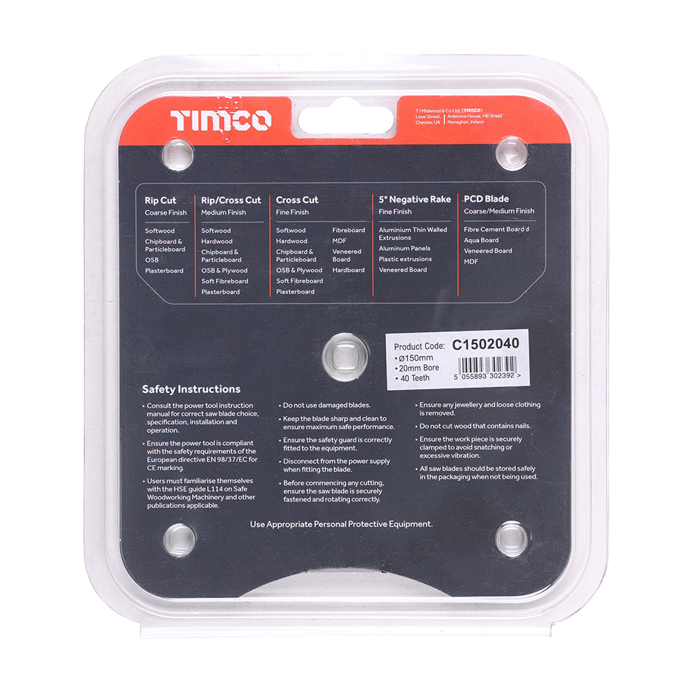 This is an image of Timco - Circular Saw Blade - Trimming/Crosscut - Medium/Fine 150 x 20 x 40T (1 Each Clamshell) C1502040
