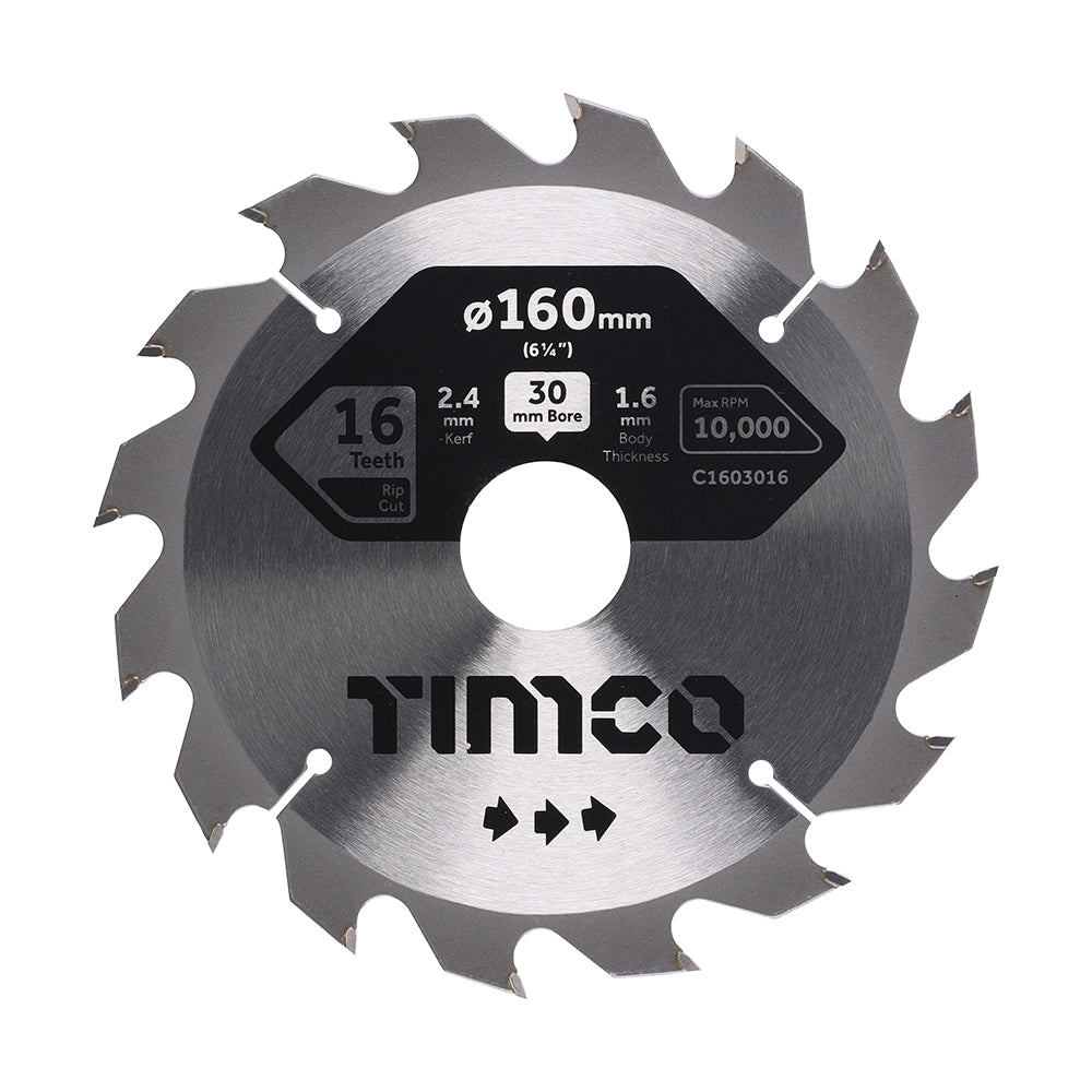 This is an image of Timco - Circular Saw Blade - General Purpose - Coarse/Medium 160 x 30 x 16T (1 Each Clamshell) C1603016
