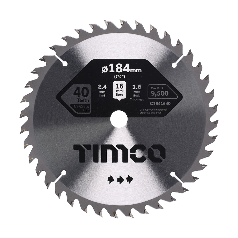 This is an image of Timco - Circular Saw Blade - Trimming/Crosscut - Medium/Fine 184 x 16 x 40T (1 Each Clamshell) C1841640
