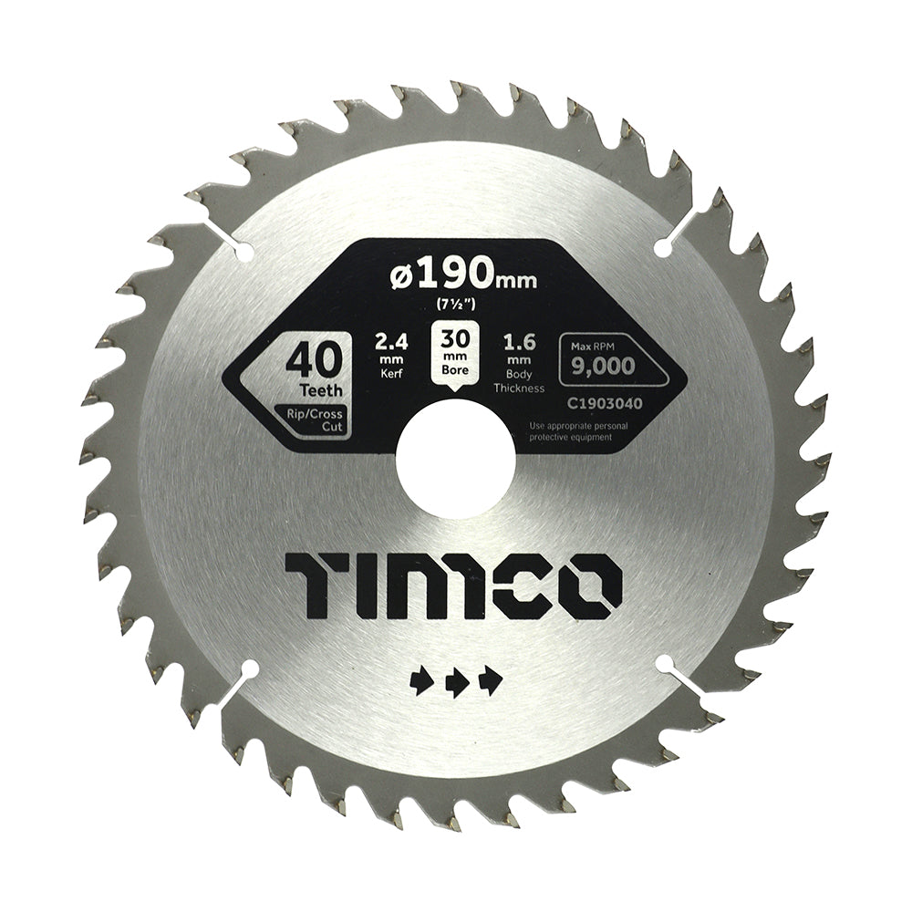 This is an image of Timco - Circular Saw Blade - General Purpose - Coarse/Medium 190 x 30 x 40T (1 Each Clamshell) C1903040