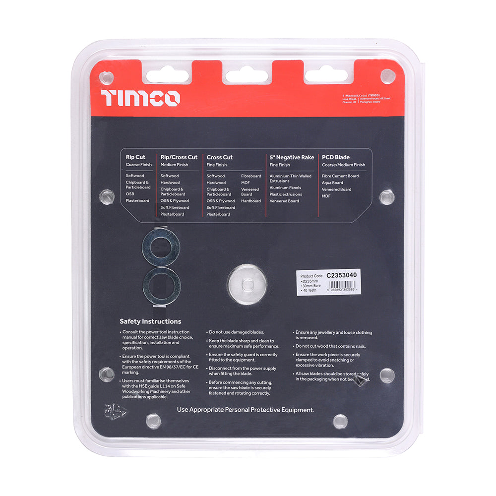 This is an image of Timco - Circular Saw Blade - General Purpose - Coarse/Medium 235 x 30 x 40T (1 Each Clamshell) C2353040