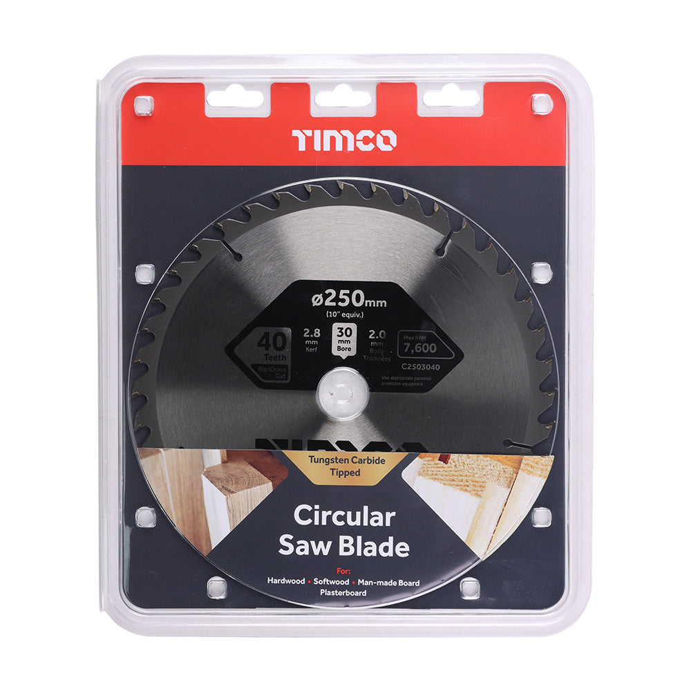This is an image of Timco - Circular Saw Blade - Combination - Medium 250 x 30 x 40T (1 Each Clamshell) C2503040