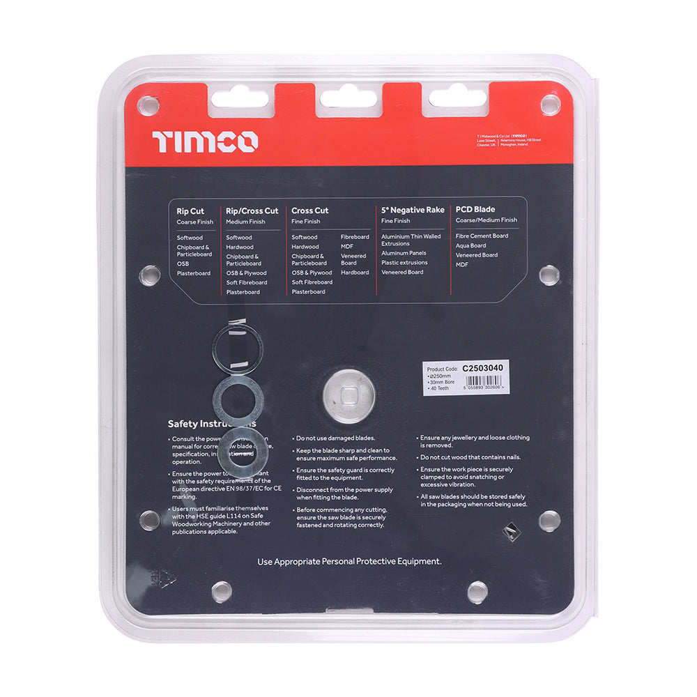This is an image of Timco - Circular Saw Blade - Combination - Medium 250 x 30 x 40T (1 Each Clamshell) C2503040