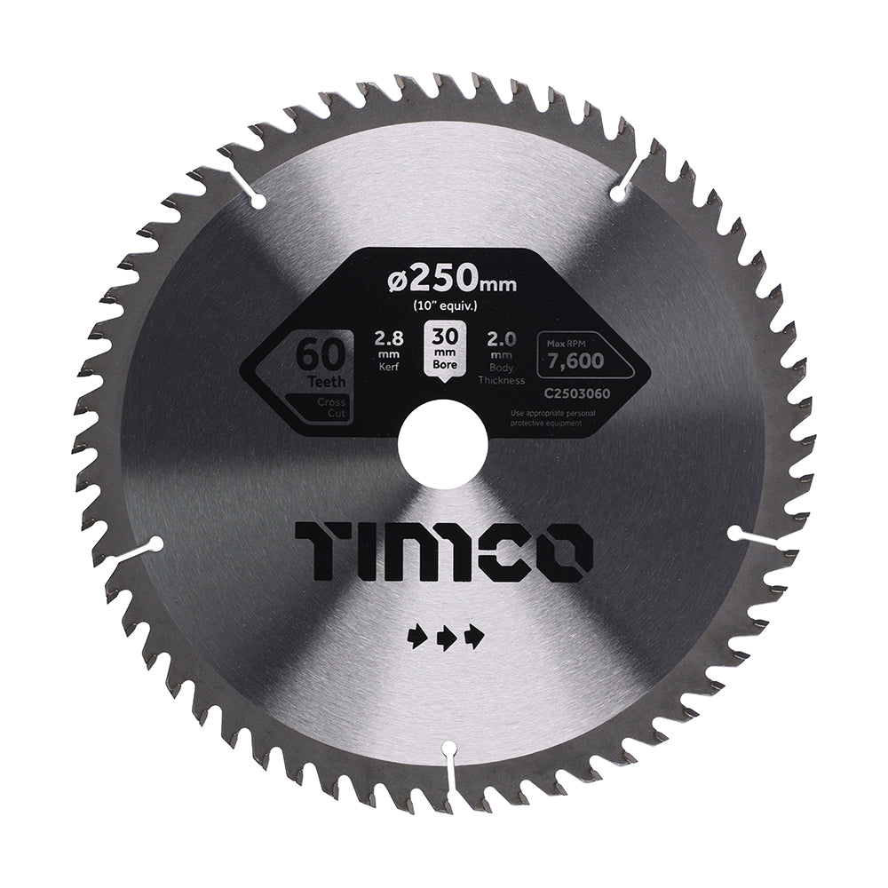 This is an image of Timco - Circular Saw Blade - Trimming/Crosscut - Medium/Fine 250 x 30 x 60T (1 Each Clamshell) C2503060