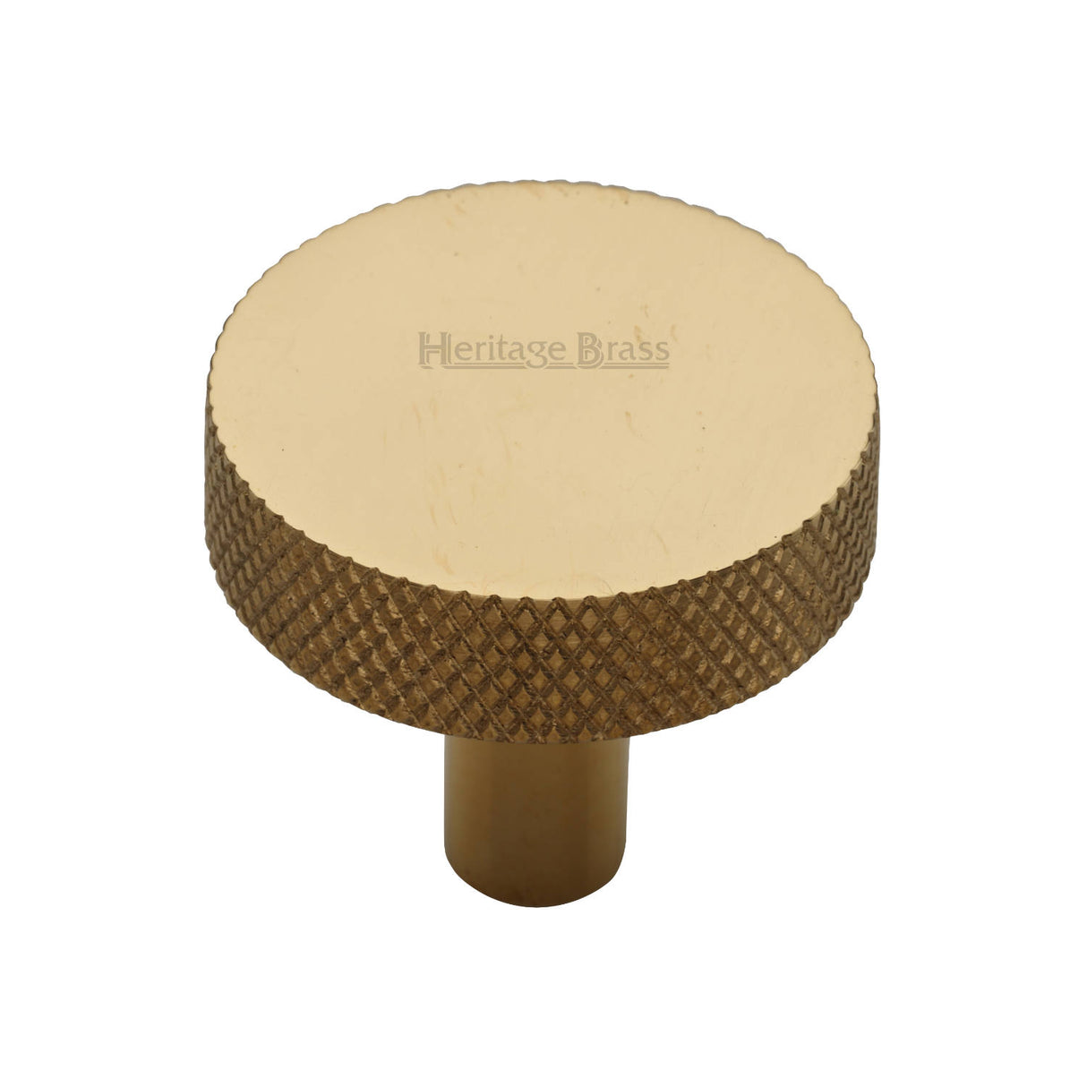 High quality image of Heritage Brass Cabinet Knob Knurled Disc Design 32mm Unlacquered Brass finish | Sku. C3884 38-ULB | available from Trade Door Handles.