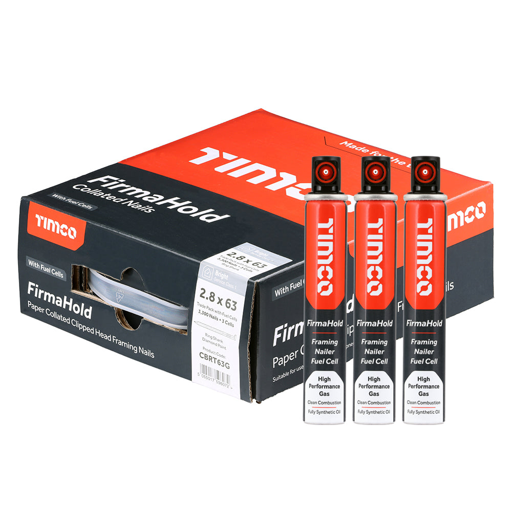 This is an image of Timco - FirmaHold Collated Clipped Head Nails & Fuel Cells - Trade Pack - Ring Shank - Bright 2.8 x 63mm/3CFC (3300 PCS Box) CBRT63G