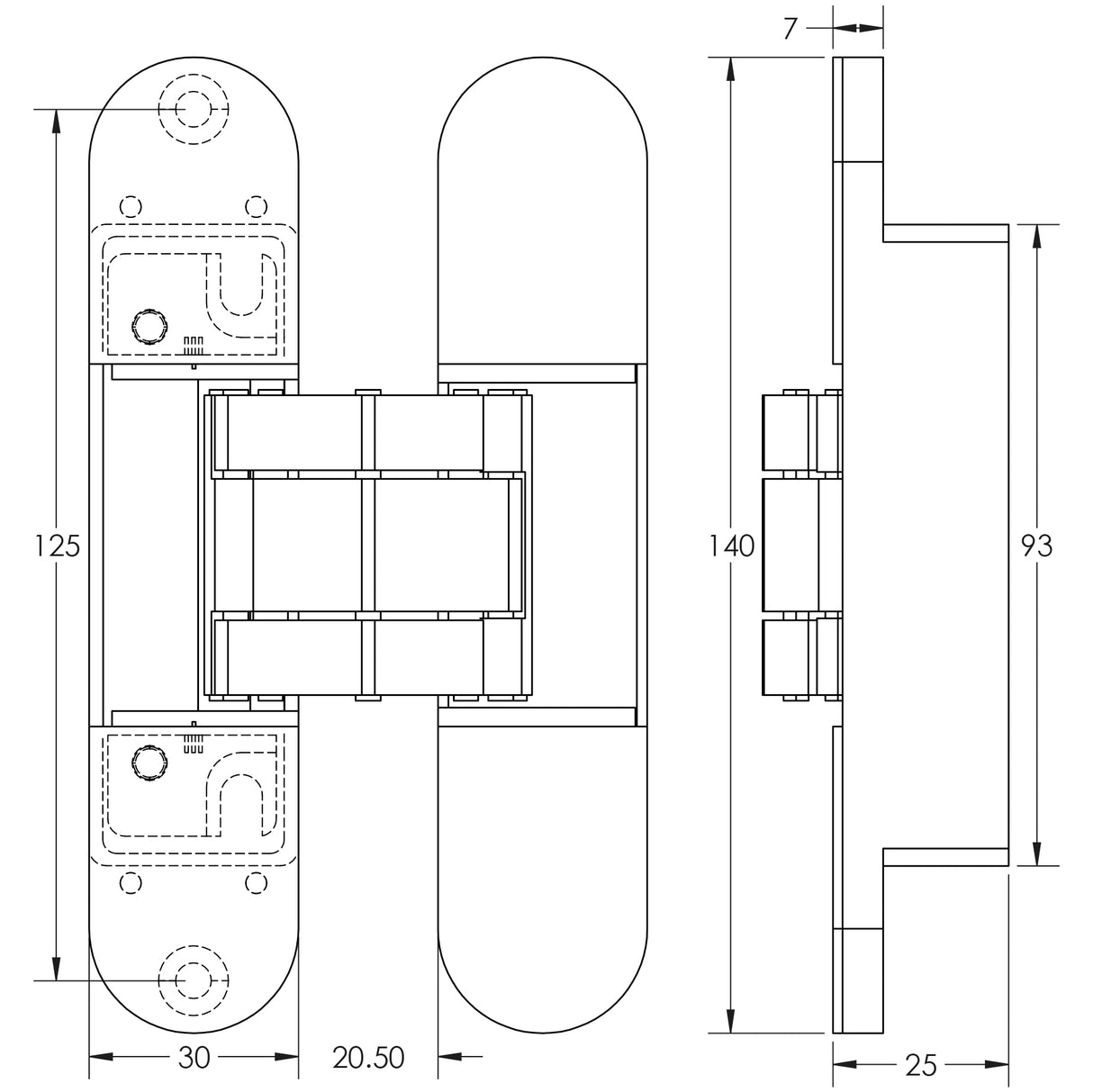 Technical drawing of of Frelan - Ghost 140mm 3D Concealed Hinge Black Sku. CH60MB