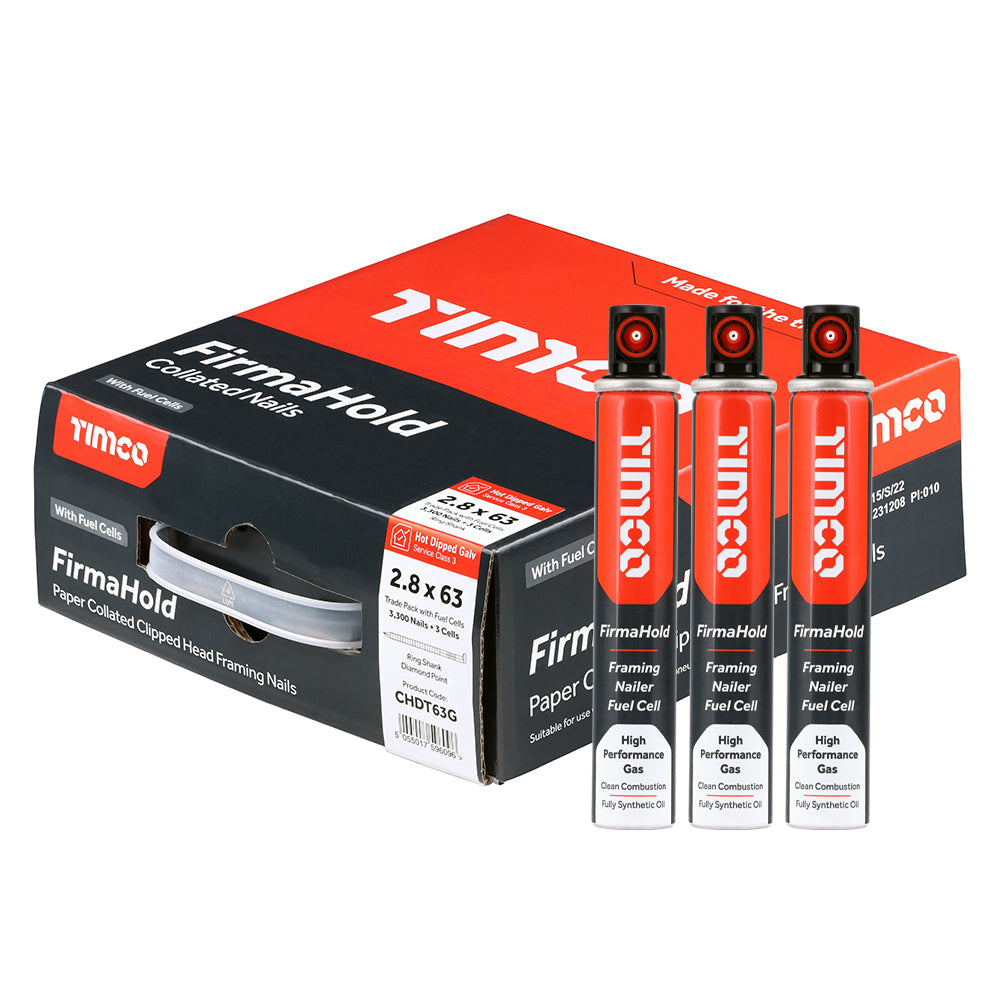 This is an image of Timco - FirmaHold Collated Clipped Head Nails & Fuel Cells - Trade Pack - Ring Shank - Hot Dipped Galvanised 2.8 x 63mm/3CFC (3300 PCS Box) CHDT63G