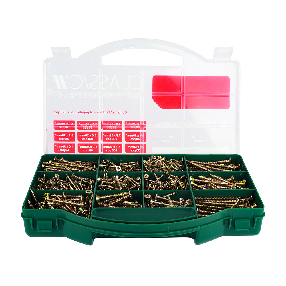 This is an image of Timco - Classic Multi-Purpose Screws - Mixed Tray - PZ - Double Countersunk - Yellow - (895 PCS Tray) CLASSICTRAY