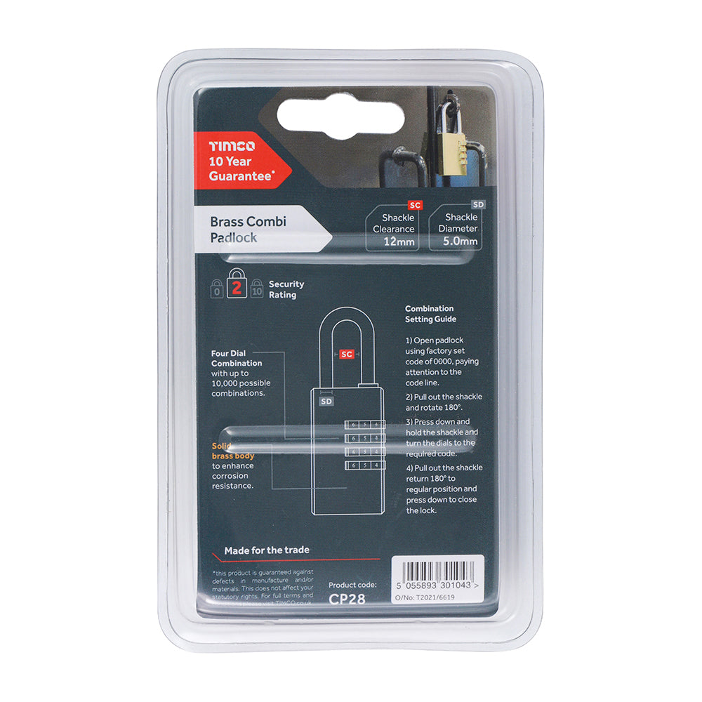This is an image of Timco - Brass Combi Padlock 28mm (1 Each Backing Card) CP28
