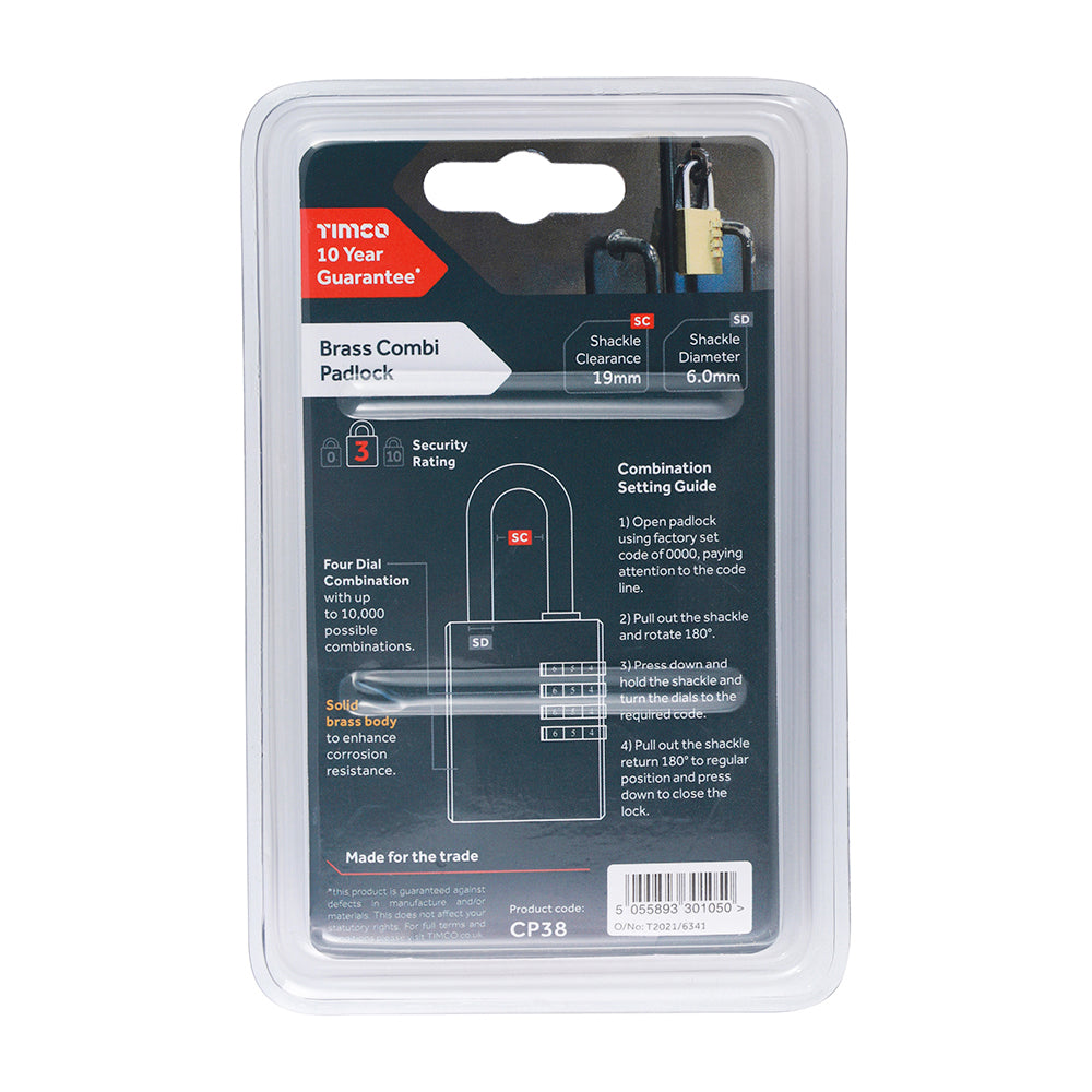 This is an image of Timco - Brass Combi Padlock 38mm (1 Each Blister Pack) CP38