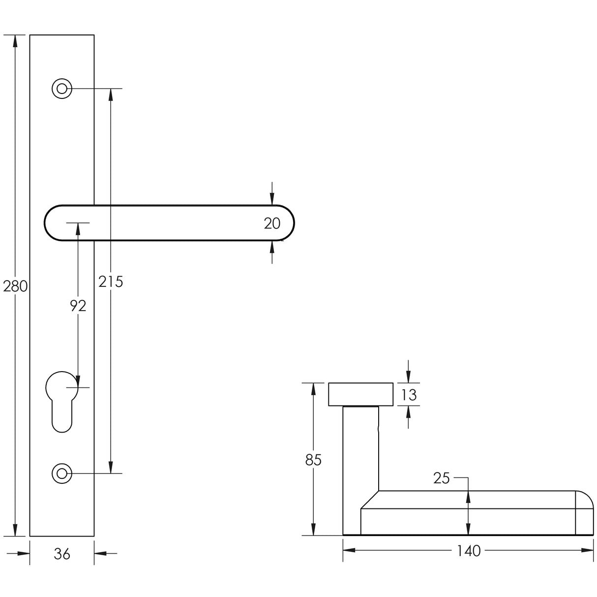 Technical drawing of of CRES - CR-101 Satin Brass Multi Point Backplate Door Handle Sku. CR-101G4SB