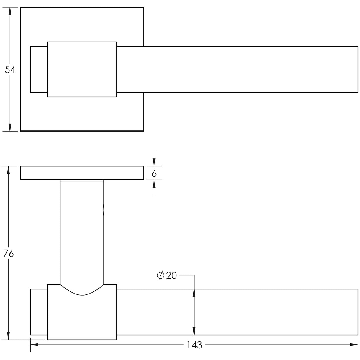 Technical drawing of of CRES - CR-103 Dark Bronze Unsprung Square Rose Door Handle Sku. CR-103B2DB