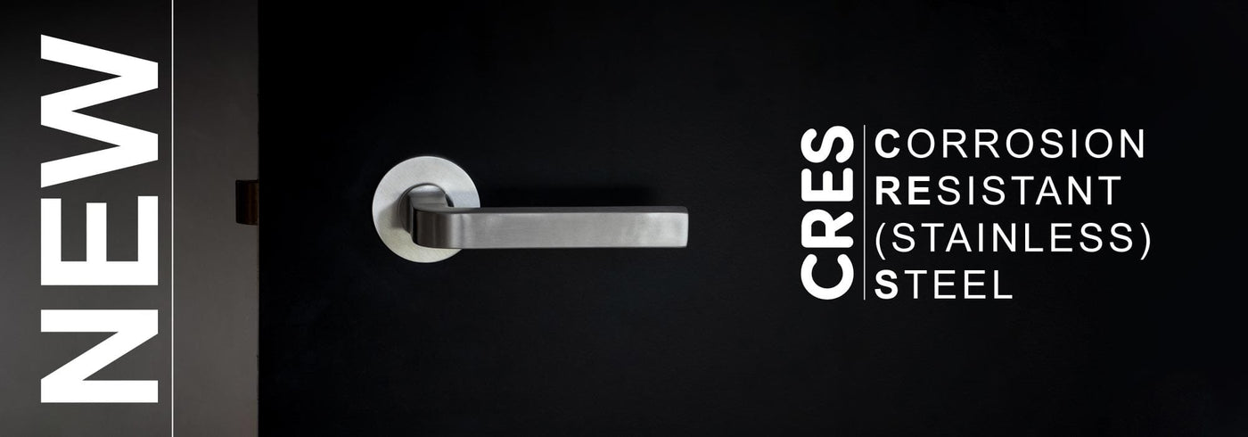 This is an image introducing the new CRES "Corrosion Resustant Stainless Steel" door handle range by Frelan Hardware