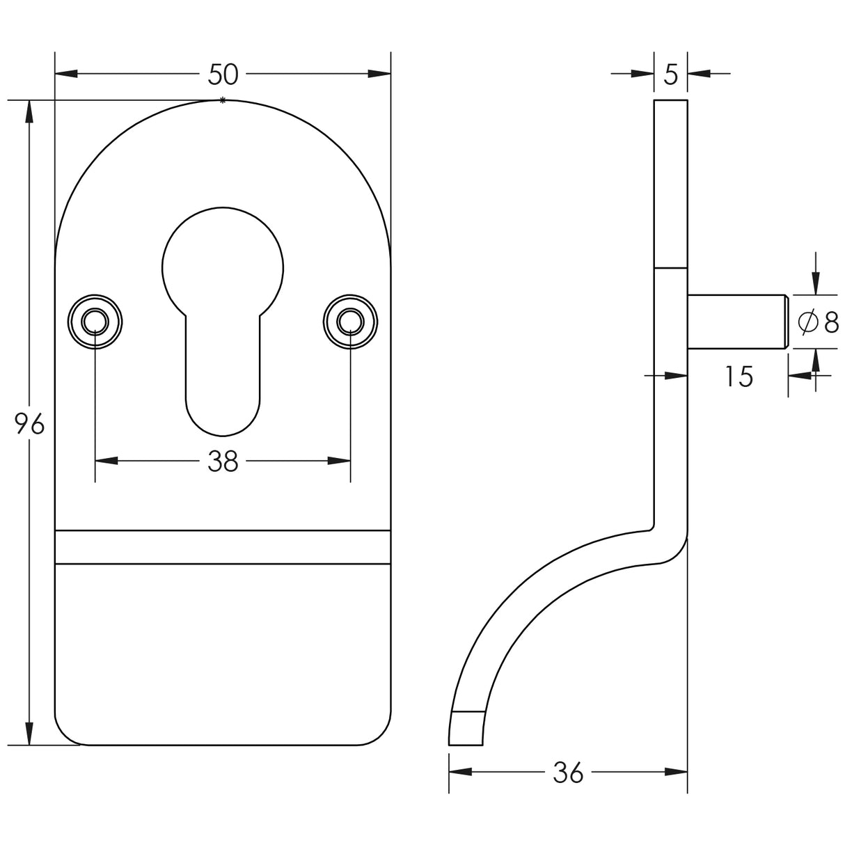 Technical drawing of of CRES - Cylinder Pull Lug Fixed Satin Brass Sku. CRES1602SB