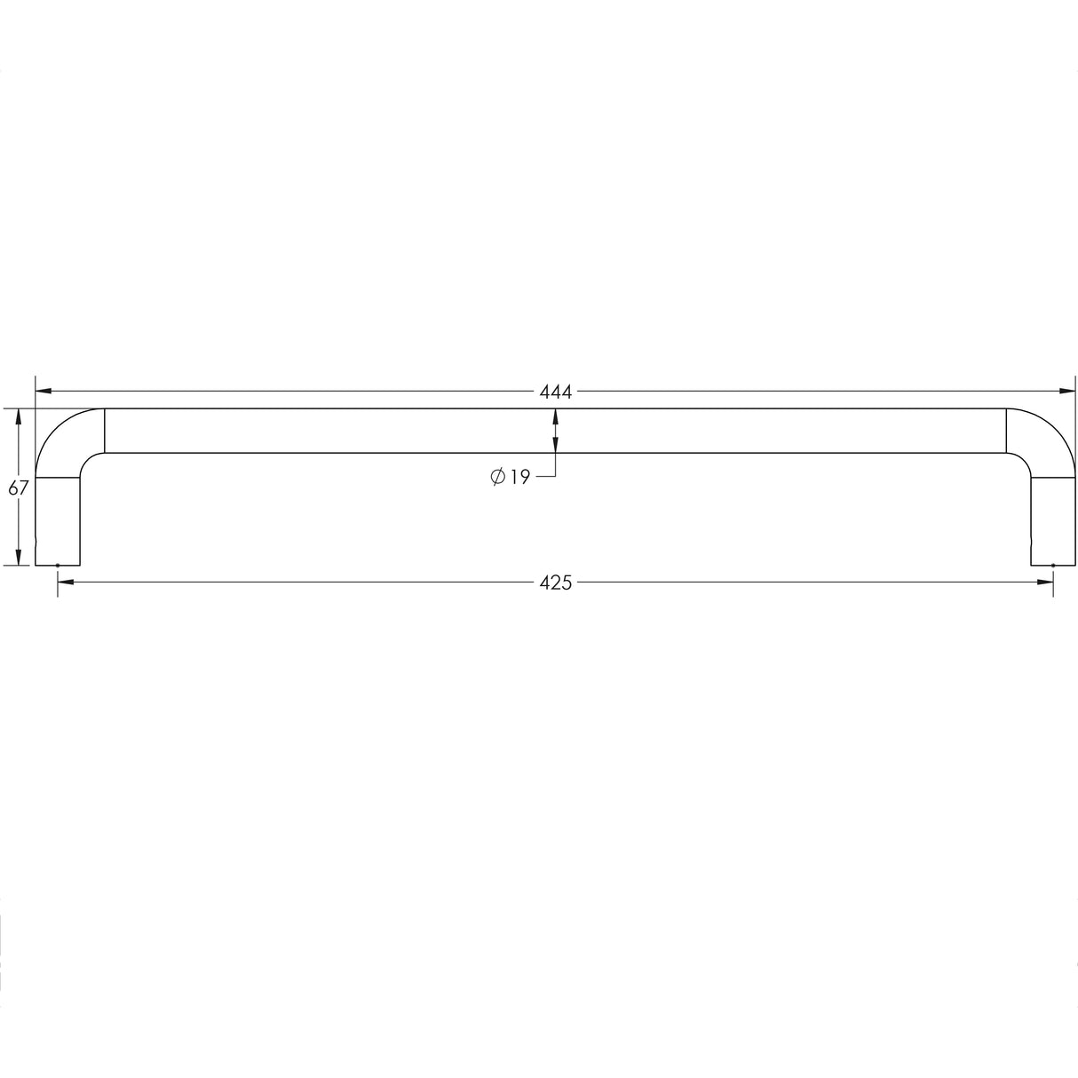 Technical drawing of of CRES - 425mm Face Fix Black D Shape Pull Handle Sku. CRES3002MBFF