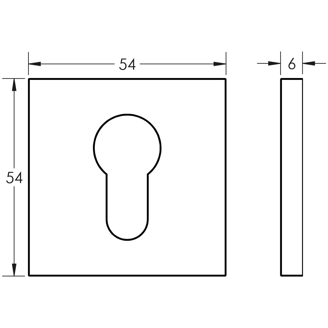 Technical drawing of of CRES - CR-U10 Satin Brass Euro Keyway Square Rose Escutcheon Sku. CR-U10SB