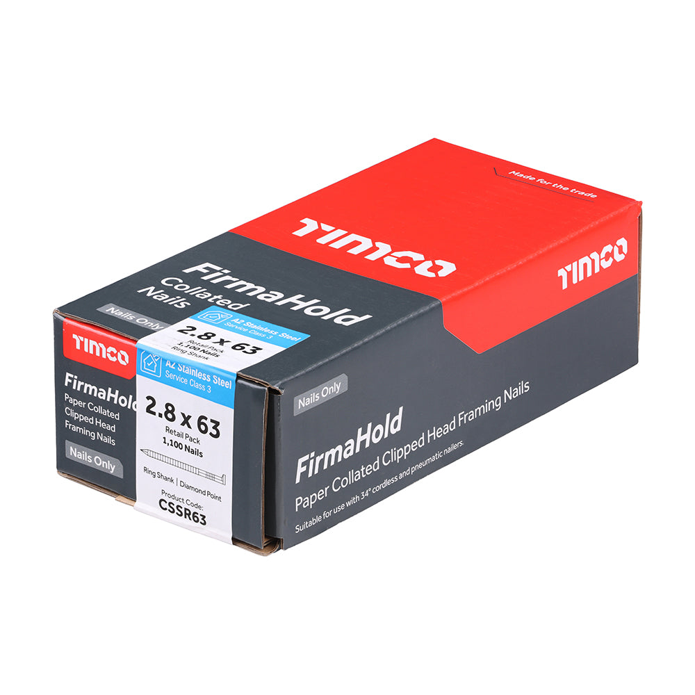 This is an image of Timco - FirmaHold Collated Clipped Head Nails - Retail Pack - Ring Shank - A2 Stainless Steel 2.8 x 63mm (1100 PCS Box) CSSR63