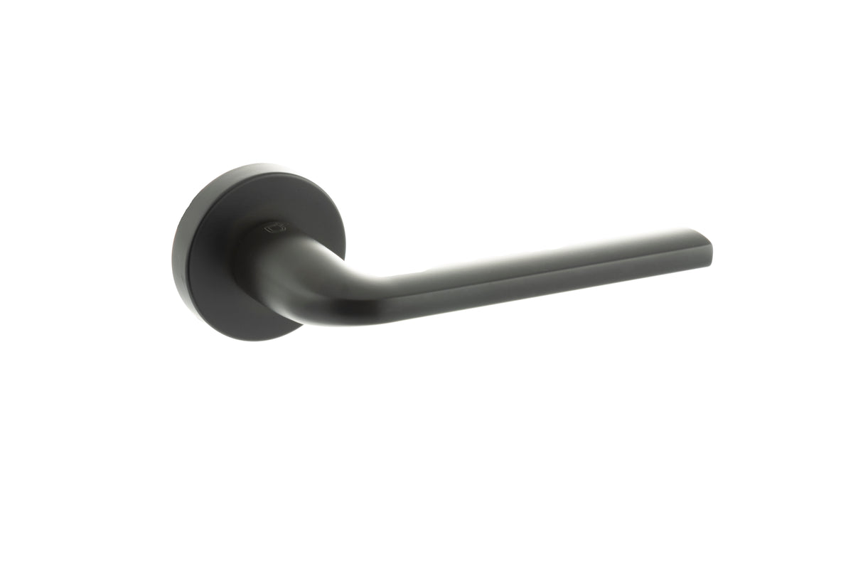 Quality image of CleanTouch Anti-Bac Forme Milly Lever Door Handle on Minimal Round Rose - Matt Black | Sku. ctfmr133mb | available from Trade Door Handles.