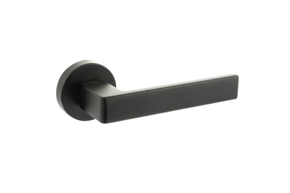Quality image of CleanTouch Anti-Bac Forme Asti Lever Door Handle on Minimal Round Rose - Matt Black | Sku. ctfmr254mb | available from Trade Door Handles.