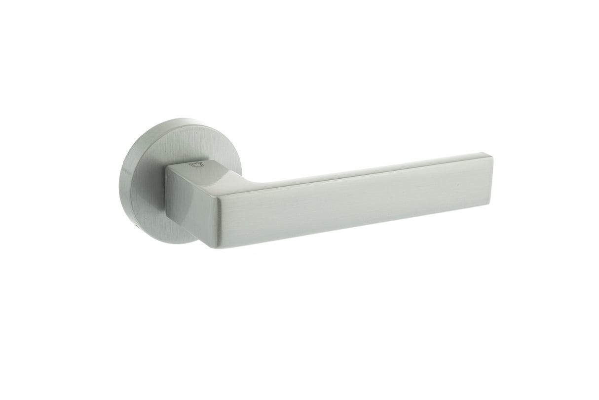 Quality image of CleanTouch Anti-Bac Forme Asti Lever Door Handle on Minimal Round Rose - Satin Chrome | Sku. ctfmr254sc | available from Trade Door Handles.