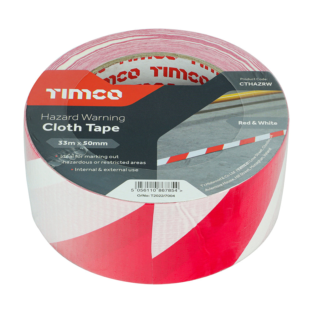 This is an image of Timco - Hazard Warning Cloth Tape - Red and White 33m x 50mm (1 Each Roll) PCSCTHAZRW