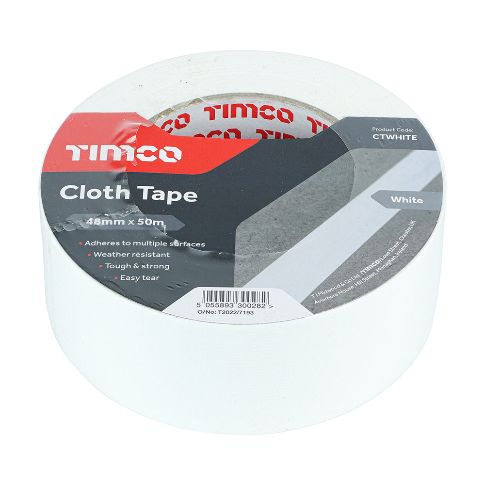 This is an image of Timco - Cloth Tape - White 50m x 48mm (1 Each Roll) PCSCTWHITE