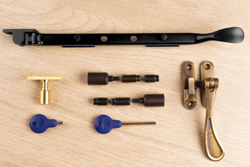 Carlisle Brass Casement Stay Hardware matt black, antique brass and satin brass