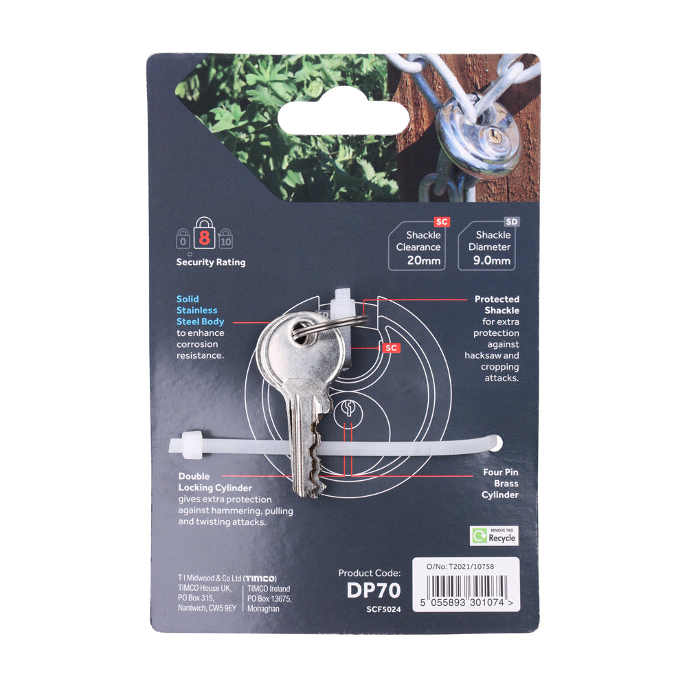 This is an image of Timco - Disc Padlock - A2 Stainless Steel 70mm (1 Each Blister Pack) DP70