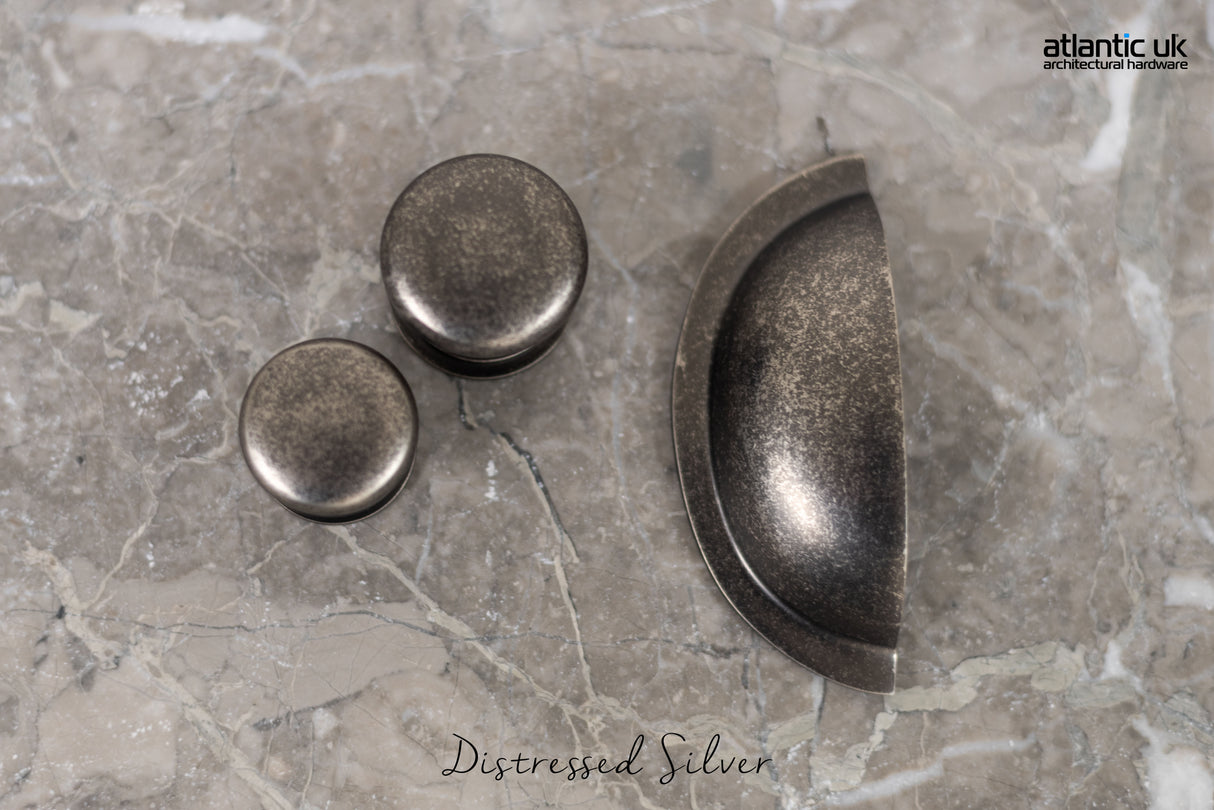 Quality image of Old English Winchester Solid Brass Cabinet Cup Pull on Concealed Fix - Distressed Silver | Sku. oec1176ds | available from Trade Door Handles.