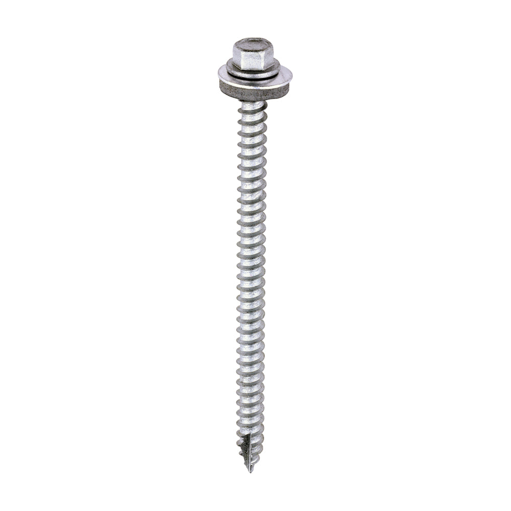 This is an image of Timco - Metal Construction Thin Sheet Metal to Timber Screws - Hex - EPDM Washer - Slash Point - Exterior - Silver Organic 6.3 x 100mm - (100 PCS Box) DS100W16B
