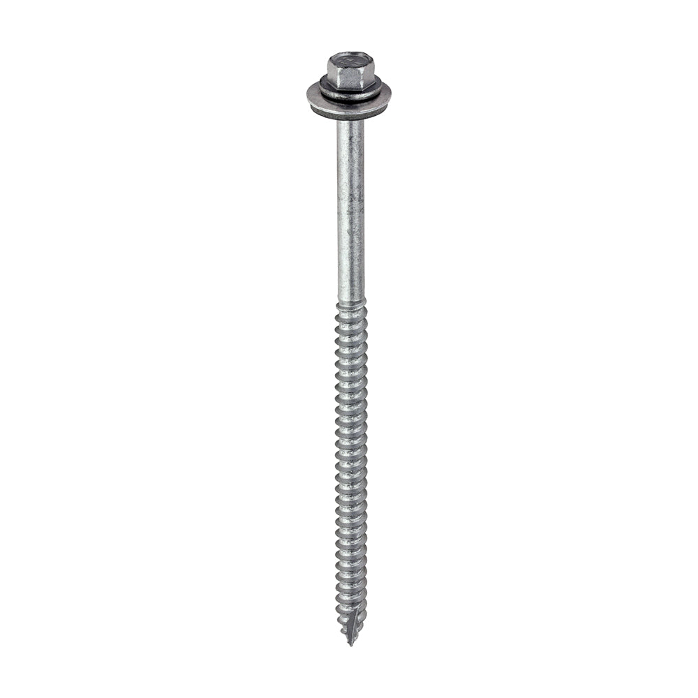 This is an image of Timco - Metal Construction Thin Sheet Metal to Timber Screws - Hex - EPDM Washer - Slash Point - Exterior - Silver Organic 6.3 x 125mm - (100 PCS Box) DS125W16B
